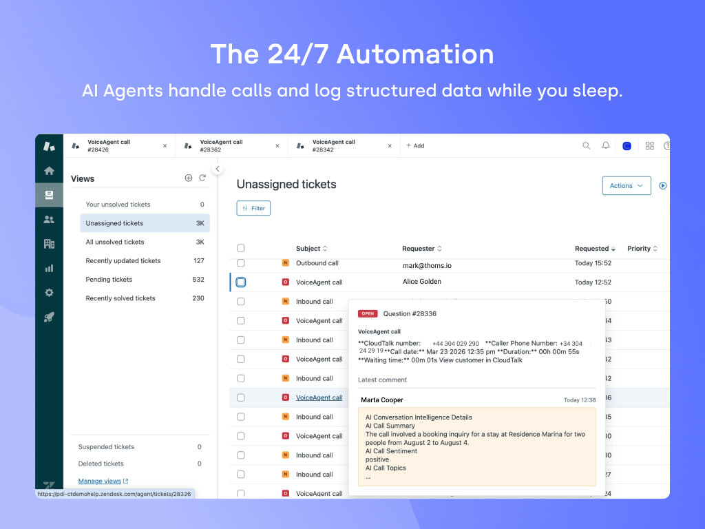 CloudTalk for Support dashboard view — Contact Center app on the Zendesk Marketplace